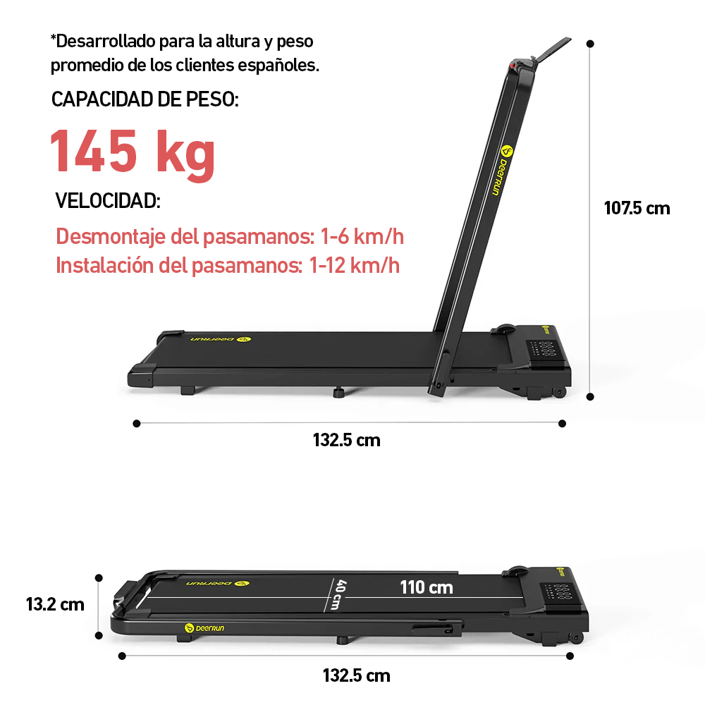 DeerRun A5 Pro Energie-2025 Smartes 2-in-1 Cinta de correr negra | Mejora a capacidad de carga de 145 kg