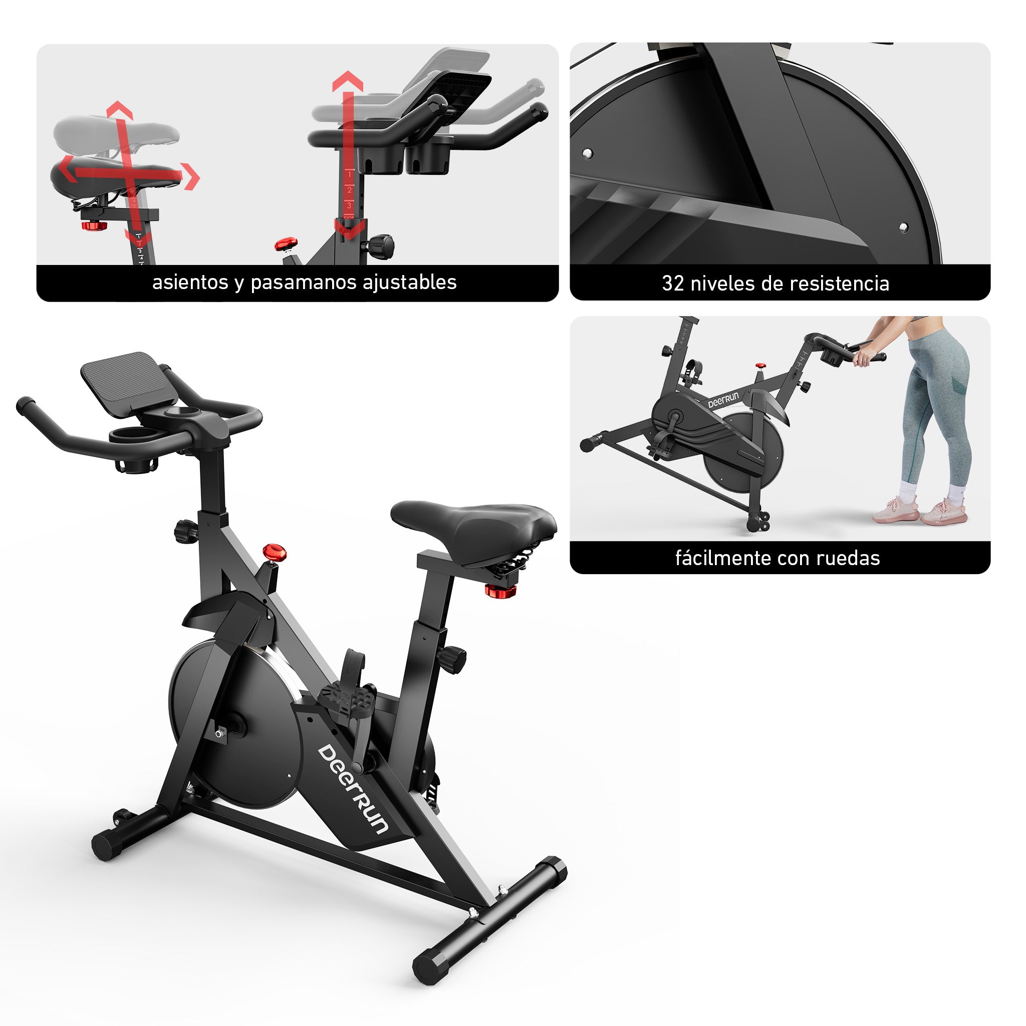 DeerRun S500 Bicicleta inteligente de interior negra con resistencia magnética ajustable, cinturón silencioso y aplicación PitPat