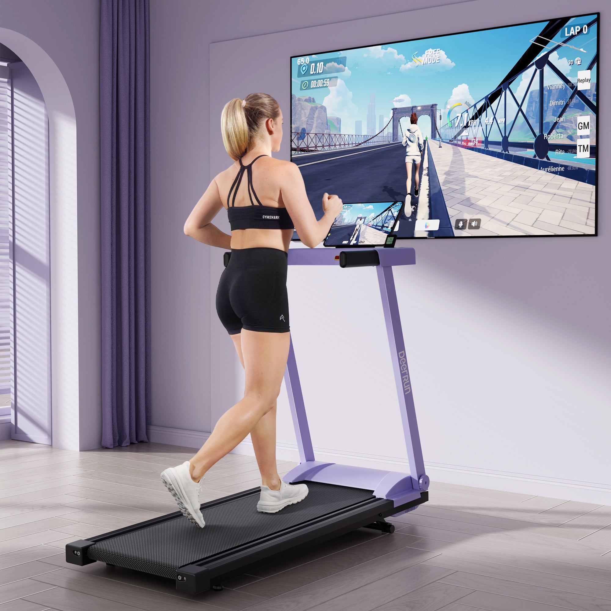DeerRun A1 Urban-Cinta de correr plegable inteligente con inclinación del 6% y NFC | 150 kg, 16 km/h, Púrpura