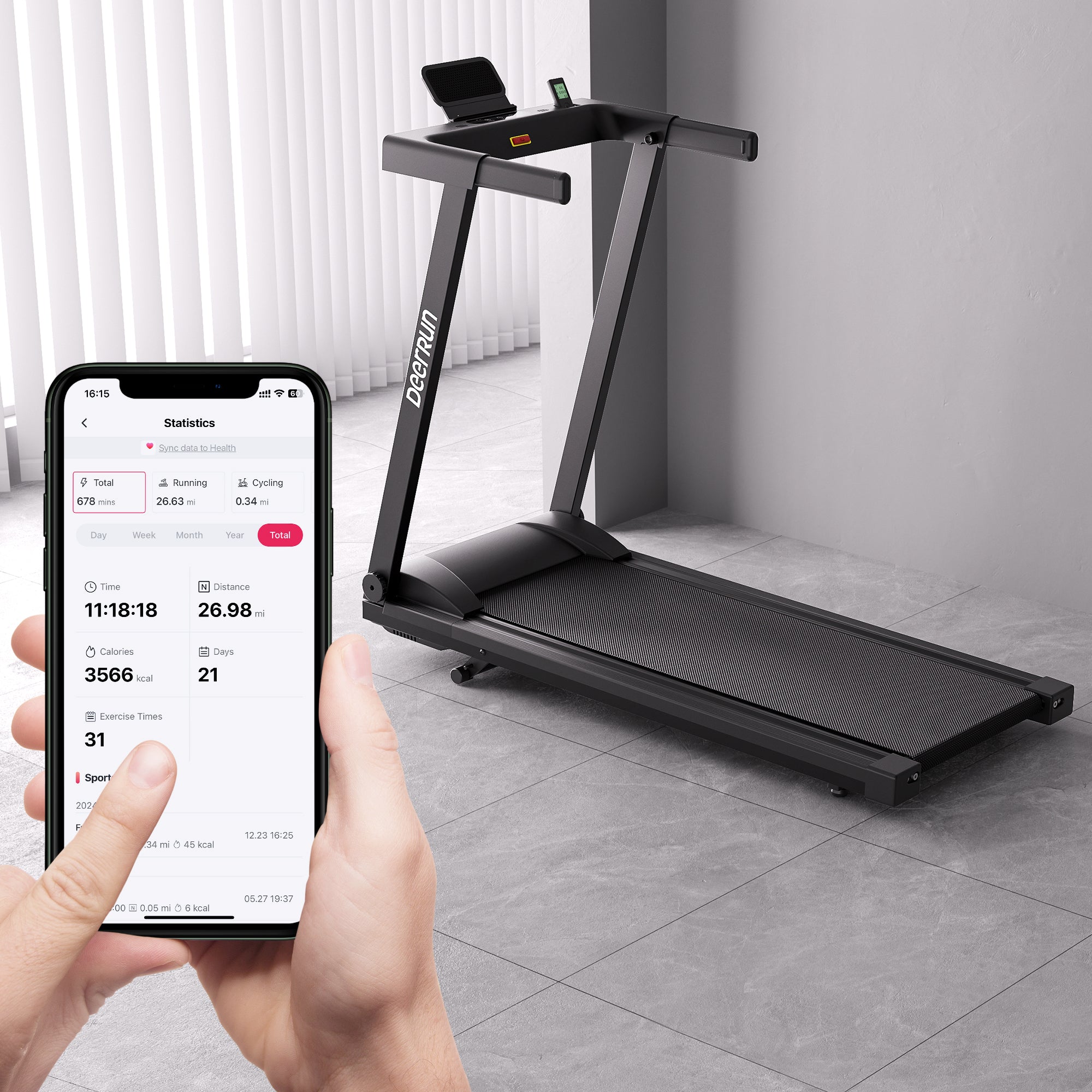 DeerRun A1 Urban-Cinta de correr plegable inteligente con inclinación del 6% y NFC | 150 kg, 16 km/h, Negra