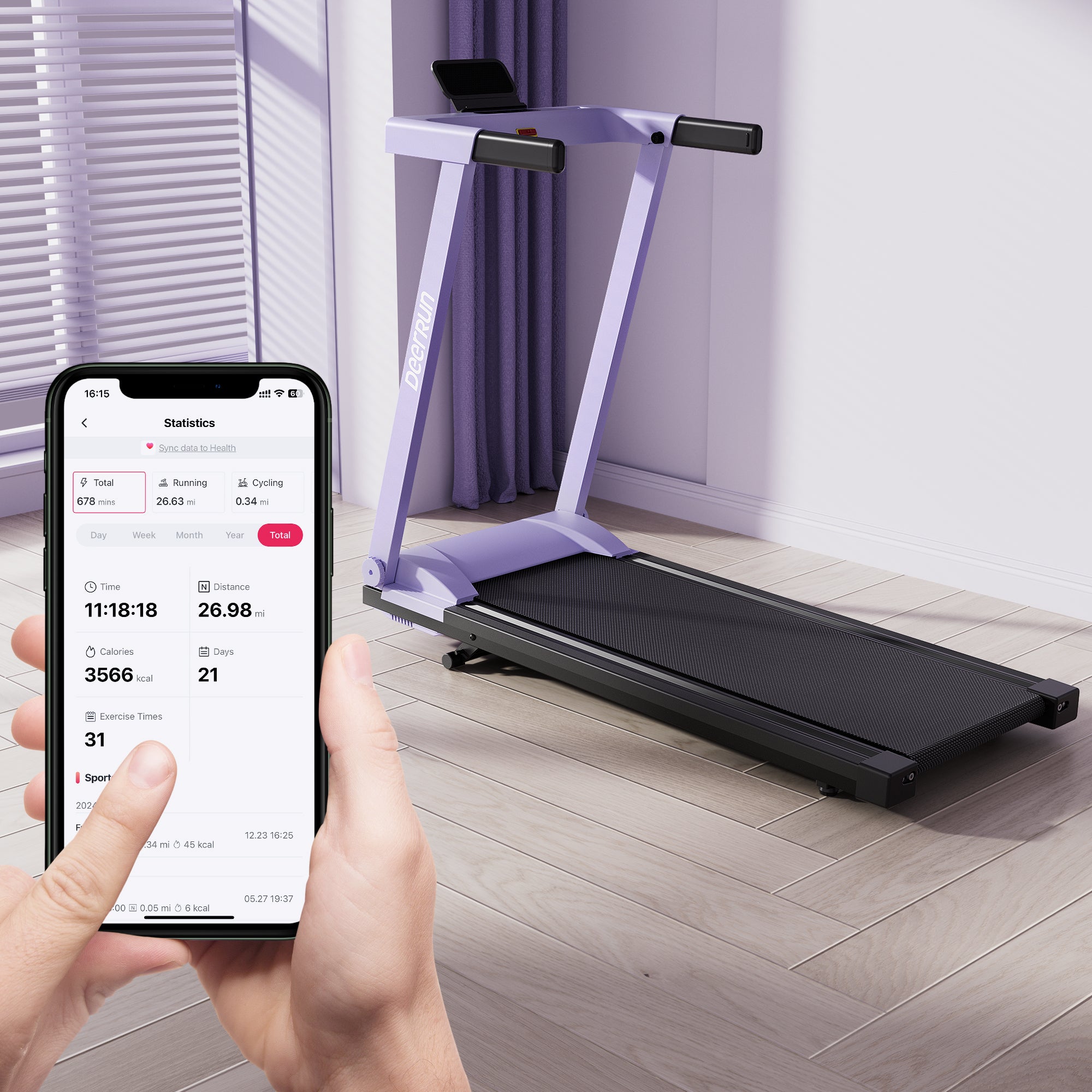 DeerRun A1 Urban-Cinta de correr plegable inteligente con inclinación del 6% y NFC | 150 kg, 16 km/h, Púrpura