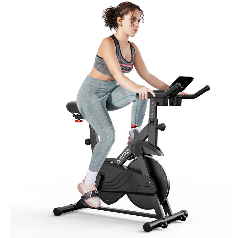DeerRun S500 Bicicleta inteligente de interior negra con resistencia magnética ajustable, cinturón silencioso y aplicación PitPat