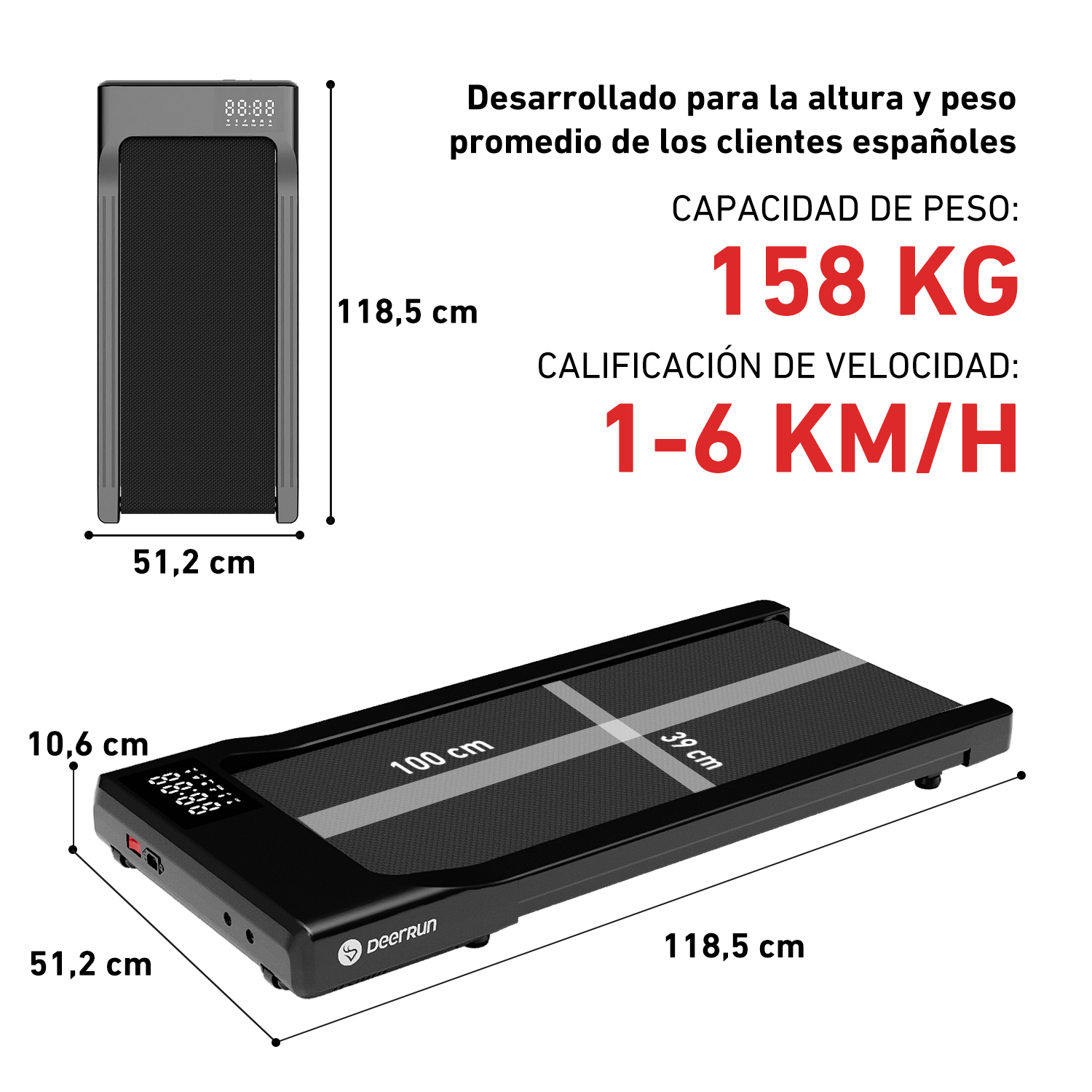 DeerRun Q1 Classic Plus – Smartes Walking-Cinta de correr con mayor superficie de carrera, capacidad de carga de 158 kg y control remoto