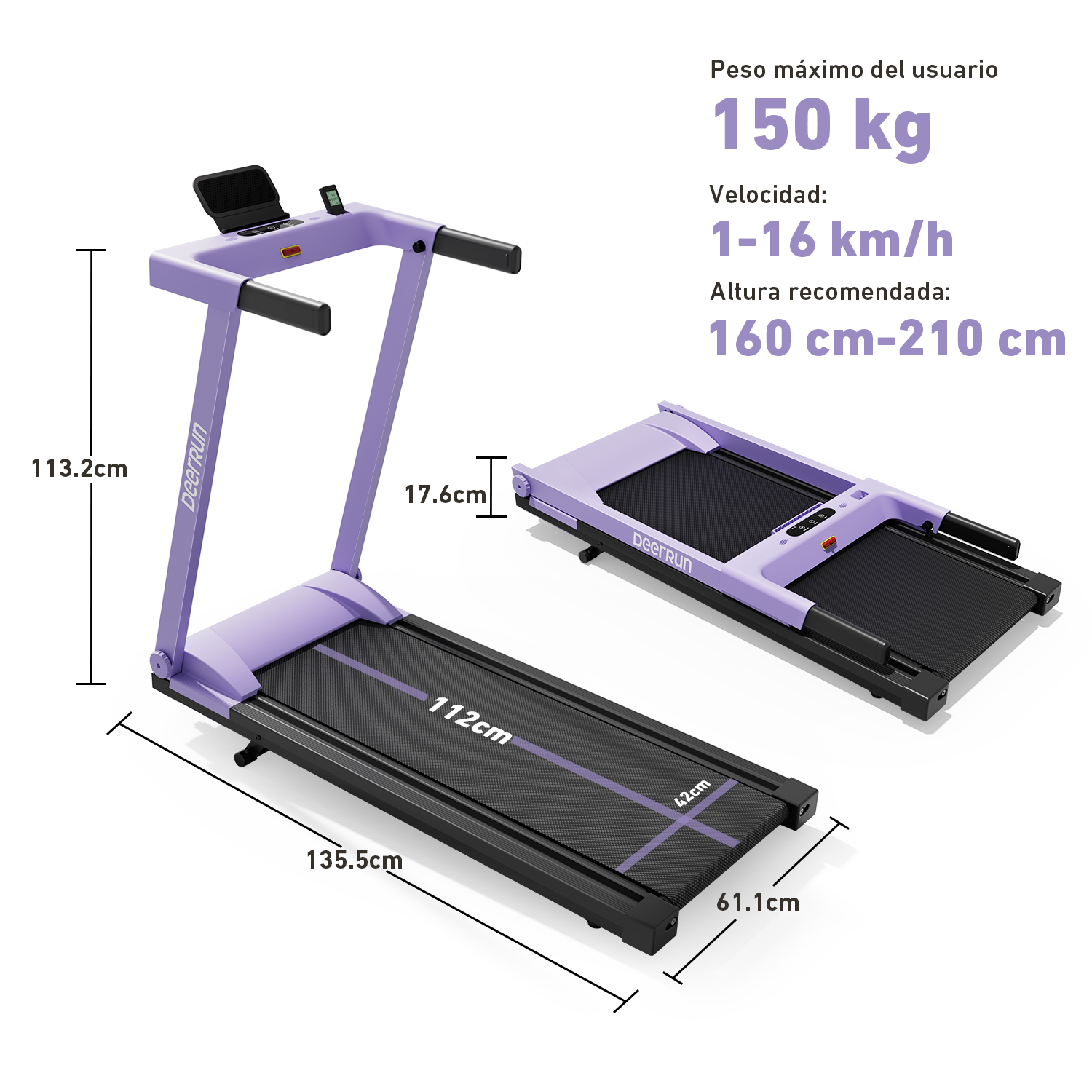 DeerRun A1 Urban-Cinta de correr plegable inteligente con inclinación del 6% y NFC | 150 kg, 16 km/h, Púrpura