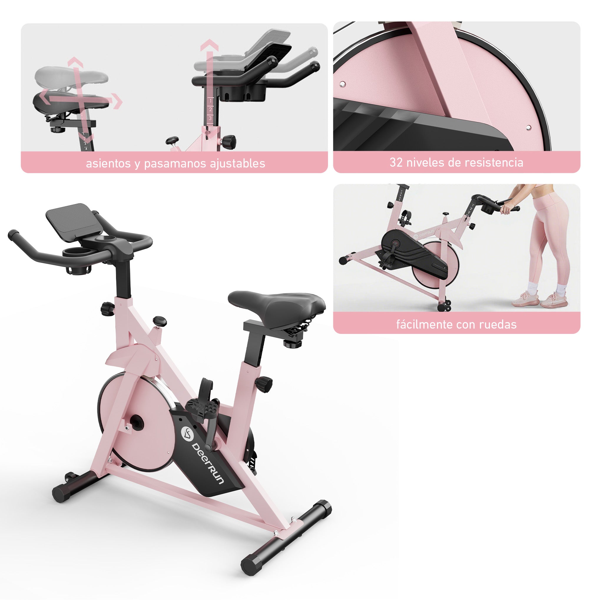 DeerRun S500 Bicicleta inteligente de interior Rose con resistencia magnética ajustable, cinturón silencioso y aplicación PitPat